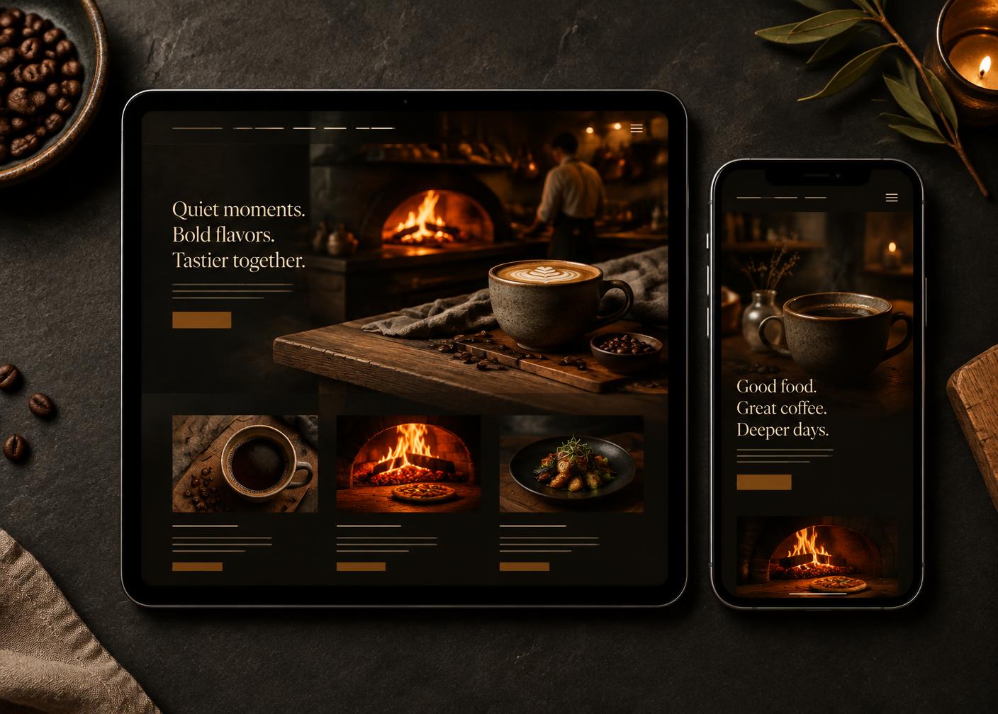 Tablet and phone showing a moody café website concept