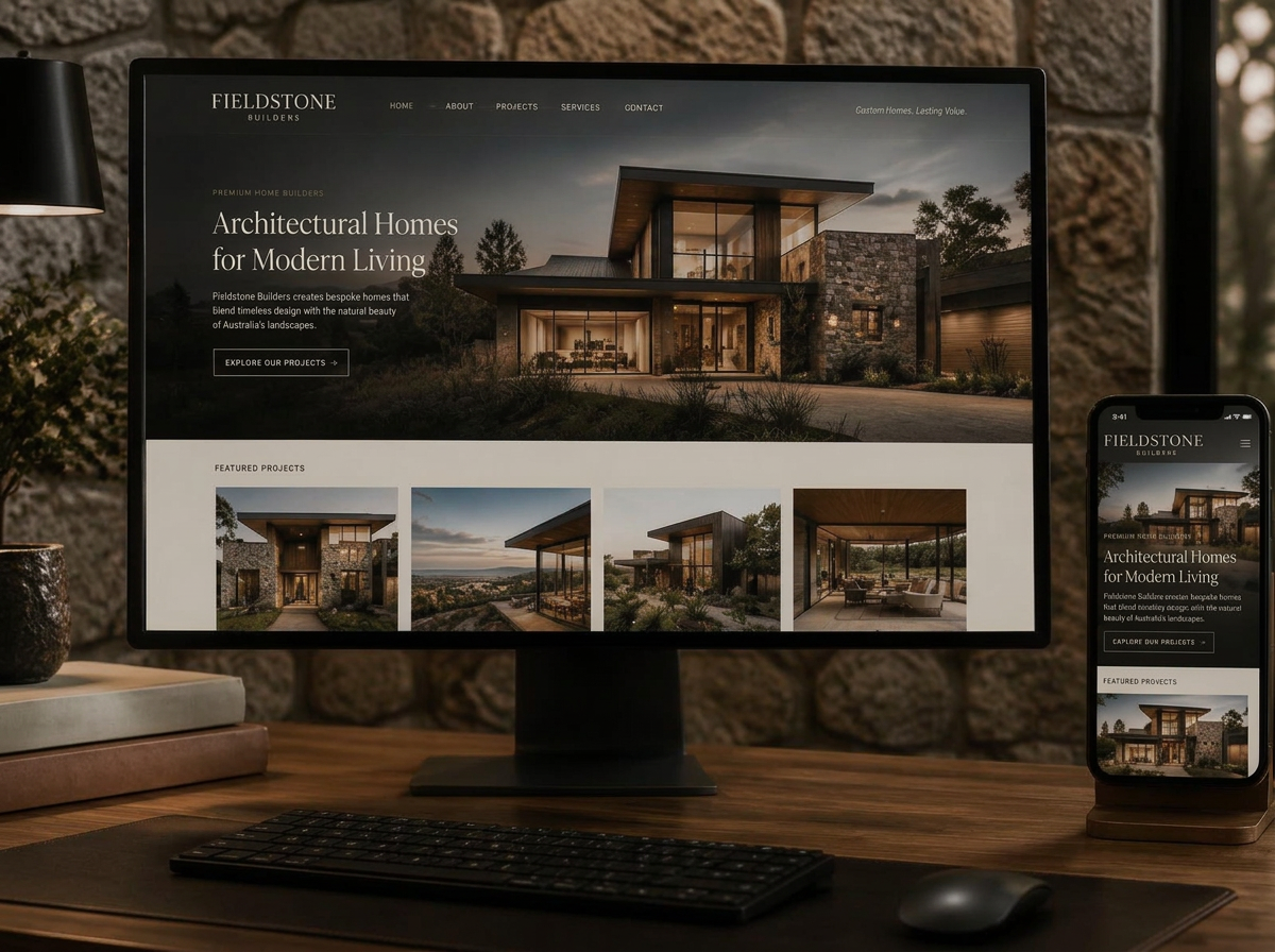 Desktop and phone showing an architectural home builder website concept