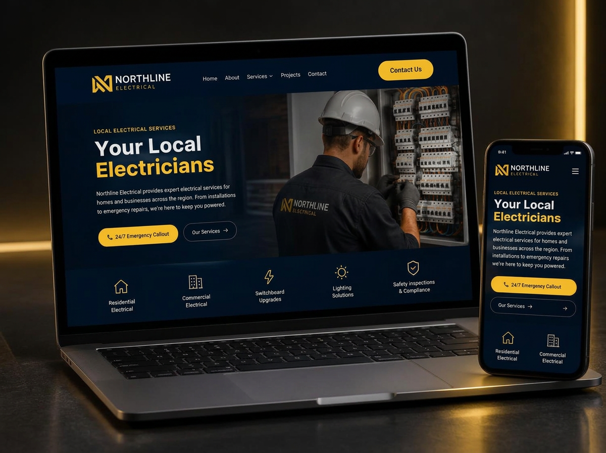 Laptop and phone showing a navy and yellow electrician website concept