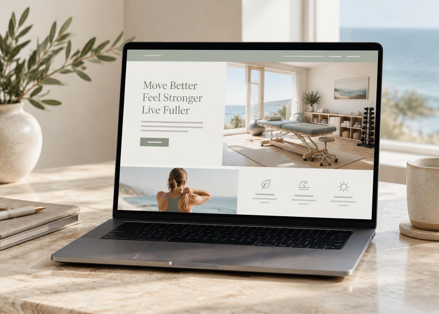 Laptop showing a calm, coastal physiotherapy studio website concept