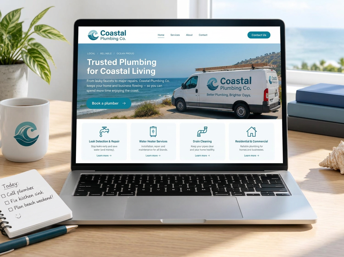 Laptop showing a bright teal plumbing website concept
