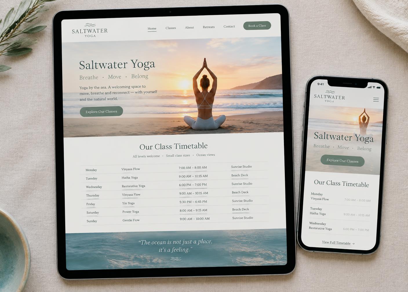 Tablet and phone showing a serene beachside yoga studio website concept
